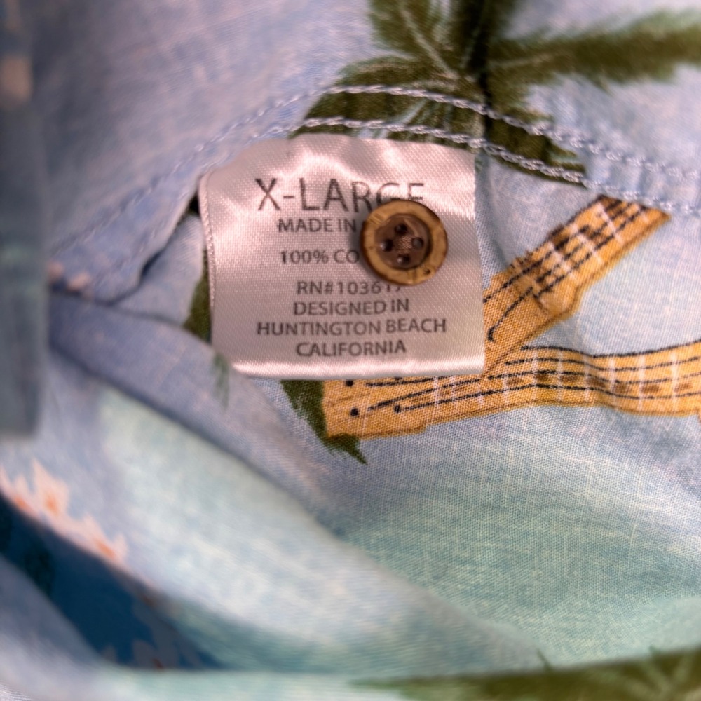 Coastal Mens Shirt Cotton Blue XL Ukulele Palm Tree Print Hawaiian Button Down - Picture 7 of 8